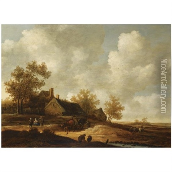 A Dune Landscape With A Farmer With His Horse-drawn Cart, Other Figures Conversing On A Path Near A Barn Oil Painting - Pieter Symonsz Potter