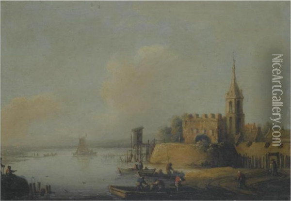 A River Landscape With Fisherman Loading Boats, A Church To Theright Oil Painting - Johann Christian Vollerdt or Vollaert