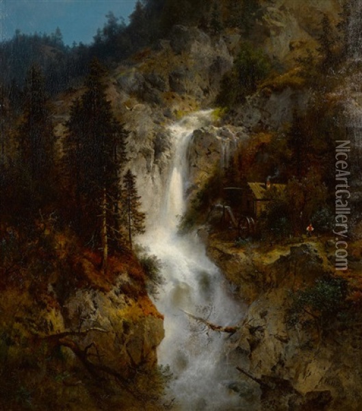 Waterfall With Mill Oil Painting - Hermann Herzog