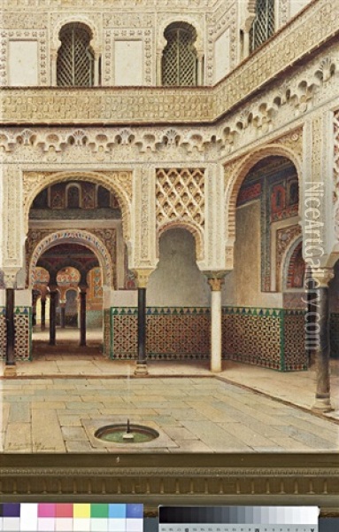 Orientalist Scene Of A Palatial Courtyard Oil Painting - Fernando Liger Hidalgo