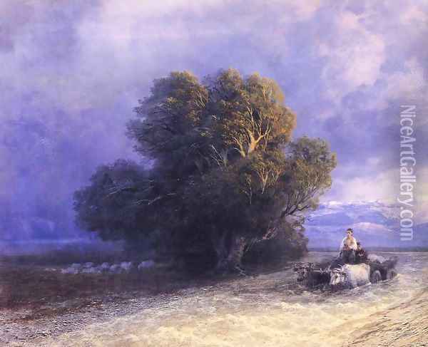 Ox Cart Crossing a Flooded Plain (detail) Oil Painting - Ivan Konstantinovich Aivazovsky