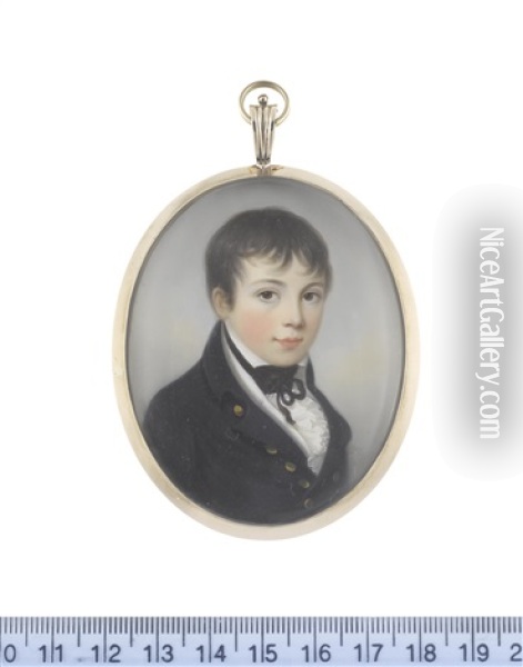 A Young Midshipman, Wearing Dark Blue Coat, White Waistcoat, Chemise And Frilled Cravat, Black Stock And Ribbon Necktie Oil Painting - James Leakey