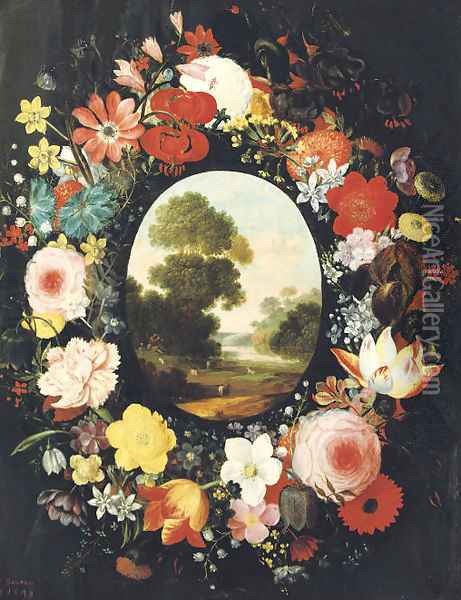 A wreath of roses, tulips, jasmine and other flowers surrounding an oval depicting a landscape Oil Painting - Jan Brueghel the Younger