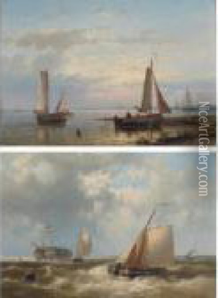 A Pair Of Seascapes: Setting Sail In Calm Waters; Boats Out At Sea Oil Painting - Abraham Hulk Jun.
