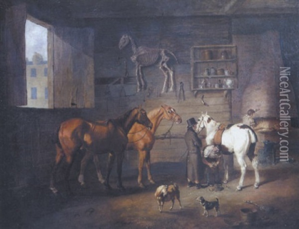 The Smithy: An Interior With Figures, Horses, A Goat And A Dog, And A Horse Skeleton Mounted Upon The Wall Oil Painting - Abraham Cooper
