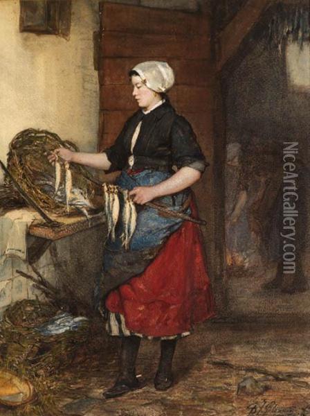 Preparing Fish In The Smokehouse Oil Painting - Bernardus Johannes Blommers