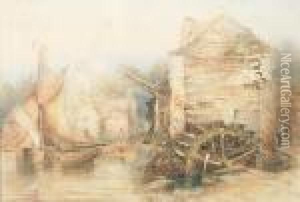 A Ferryboat By A Watermill Oil Painting - Thomas Colman Dibdin