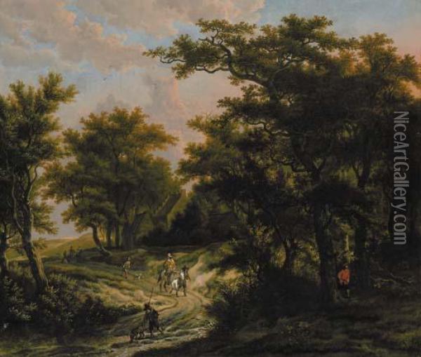 A Wooded Landscape With Hunters By A Cottage Oil Painting - Adriaen Hendricksz. Verboom
