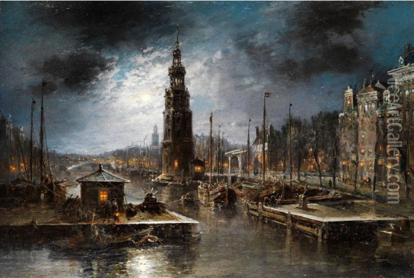Hollandische Hafenstadt Bei Nacht Oil Painting - Jan Kuijpers