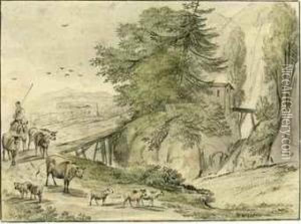 Herdsmen Crossing A Bridge In A Rocky Landscape Oil Painting - Hendrick Van Der Straaten