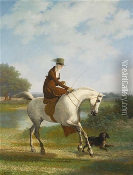 An Equestrienne On A Grey Hunter Accompanied By Her Spaniel In A River Landscape (possibly A Member Of The Powles Family) Oil Painting - Jacques-Laurent Agasse