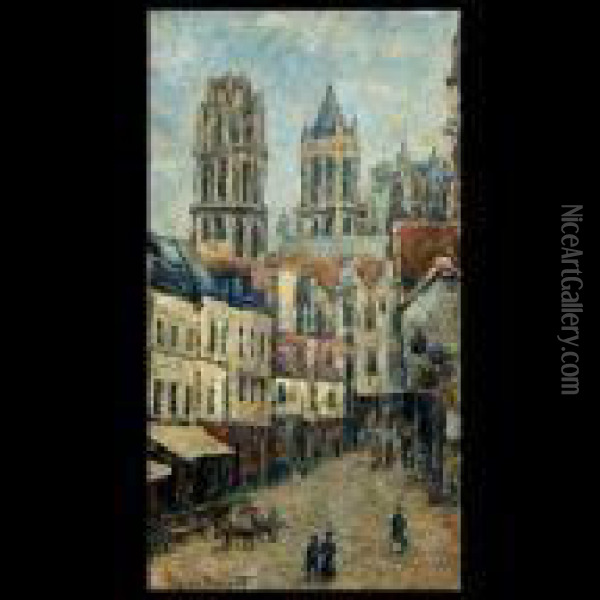 Dumont. French. Rue De 
L'epicerie- Rouen. Oil On Board. 18 X 10 1/4inches. Signed Lower Left: 
Pierre Dumont Oil Painting - Pierre Dumont