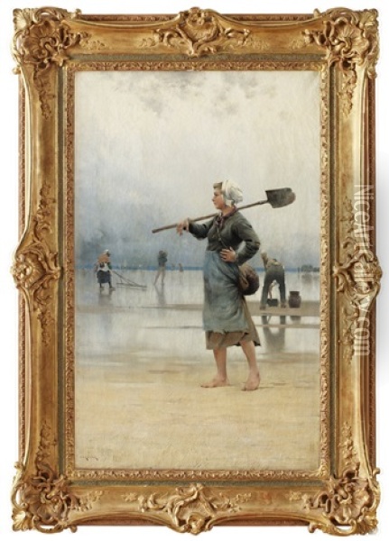Ostronplockerska, Bretagne Oil Painting - August Vilhelm Nikolaus Hagborg