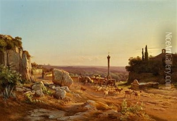 Italian Landscape With A Shepherd In The Mountains, At Sunset Oil Painting - Frederik Niels Martin Rohde