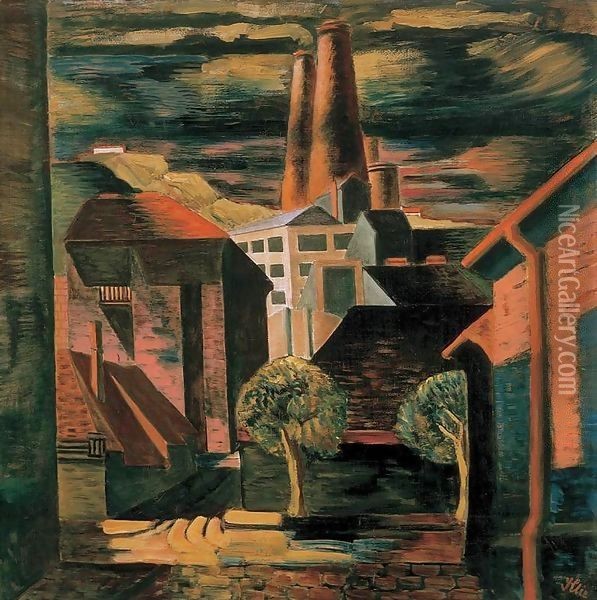 Factory at obuda 1935 Oil Painting - Vilmos Perlrott-Csaba
