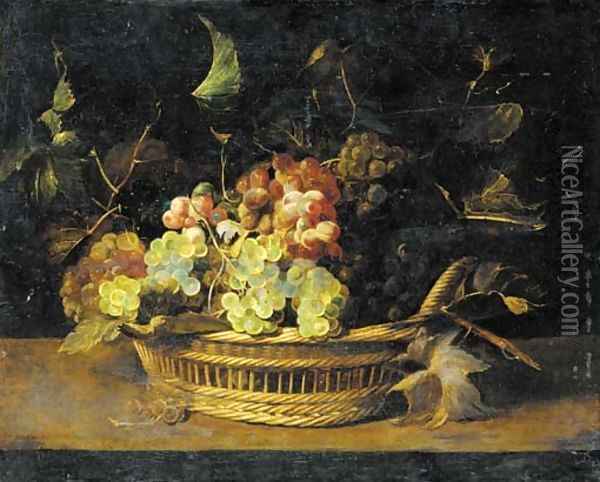 Bunches of grapes in a basket on a ledge Oil Painting - Frans Snyders