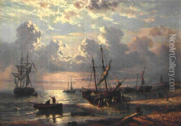 Anlandende Segelschiffe Vor Scheveningen Oil Painting - George Willem Opdenhoff