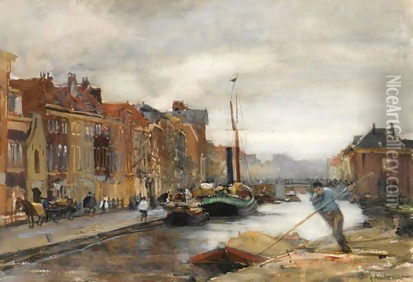 A View Of A Canal, Scheveningen Oil Painting - Floris Arntzenius