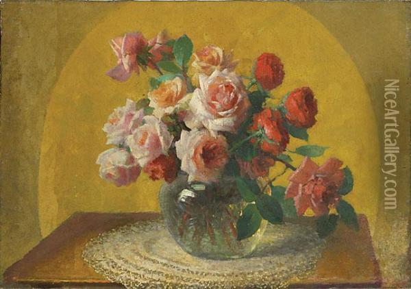 Roses Dans Un Vase En Verre Oil Painting - Henri Kokken