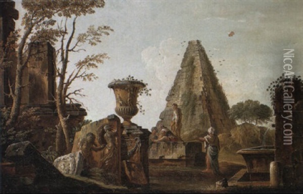 Architectural Capriccio With Peasants Oil Painting - Giovanni Paolo Panini