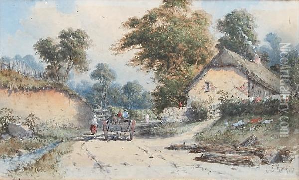 Figures And A Cart Travelling Up
 A Country Lane With Cottage In The Background, Framed And Glazed Oil Painting - George Knox