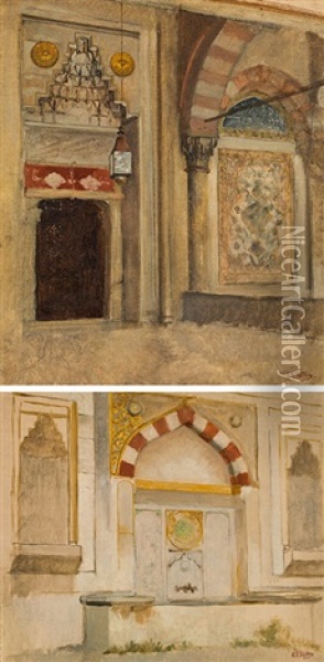 Mixed Lot (2 Studies): Interior Of A Mosque; Islamic Fountain Oil Painting - Carl Leopold Mueller