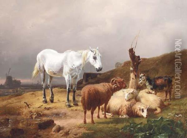 A Horse, Sheep And Goats In A Landscape Oil Painting - Eugene Joseph Verboeckhoven