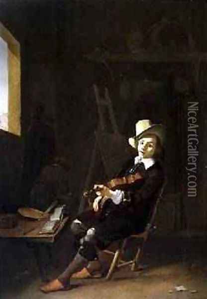 Self Portrait of the Artist Playing a Violin Oil Painting - Johannes Lingelbach