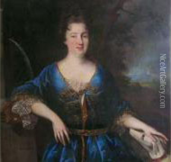 Portrait De Femme En Robe Bleue Caressant Un Chien Oil Painting - Francois de Troy