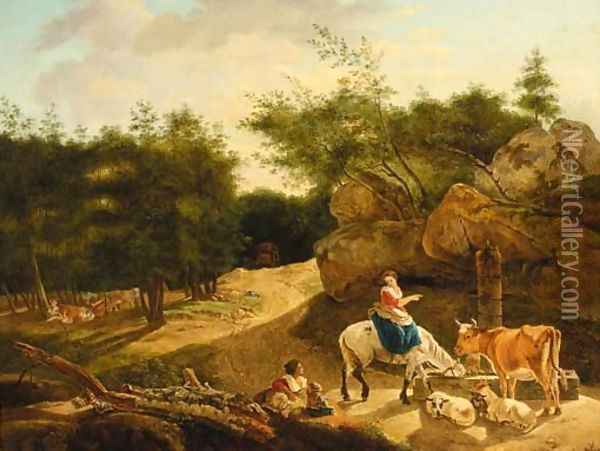 Figures with a horse, bull and sheep watering by a wooded track Oil Painting - Nicolaes Berchem