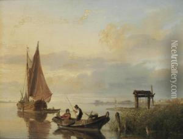 Fishing Vessels At Sunset Oil Painting - Cornelis Springer
