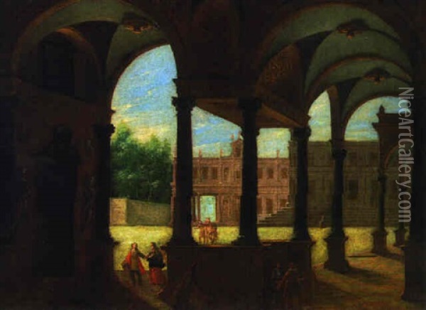 Figures In The Courtyard Of A Palace Oil Painting - Anton Gunther Gheringh