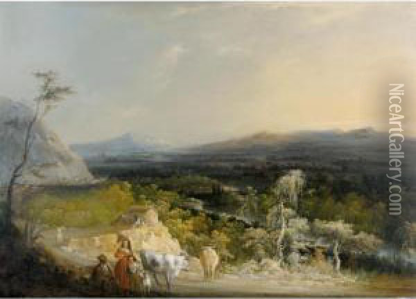 Paisaje Con Campesinos Y Ganado (figures And Cows In A Landscape) Oil Painting - Manuel Barron y Carrillo