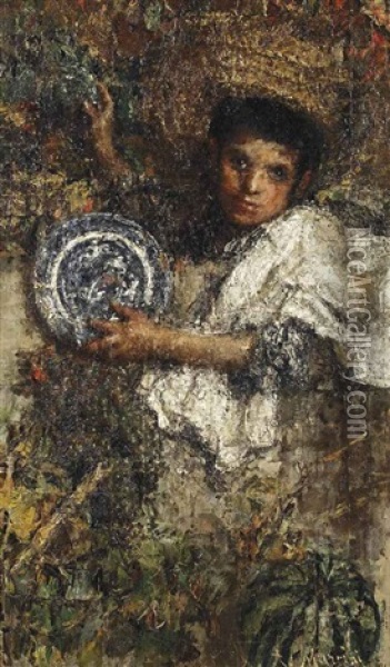 An Italian Boy In A Vineyard (recto); Study Of A Boy (verso) Oil Painting - Antonio Mancini