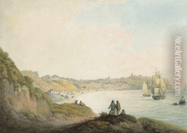 Figures Conversing On A Hill Overlooking Ships Anchored Inscarborough Bay Oil Painting - Nicholson, F.