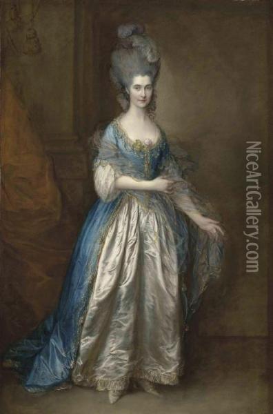 Portrait Of Mrs. William 
Villebois, Full-length, In Masqueradedress, With A Blue Gown And A 
Lace-edged Satin Skirt, Holding Adiaphanous Wrap, Beside A Pilaster Oil Painting - Thomas Gainsborough