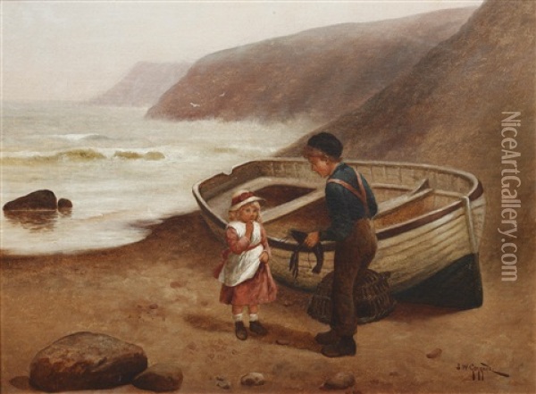 Children On A Beach; Family By A Seaside Cottage (2 Works) Oil Painting - James Walter Gozzard