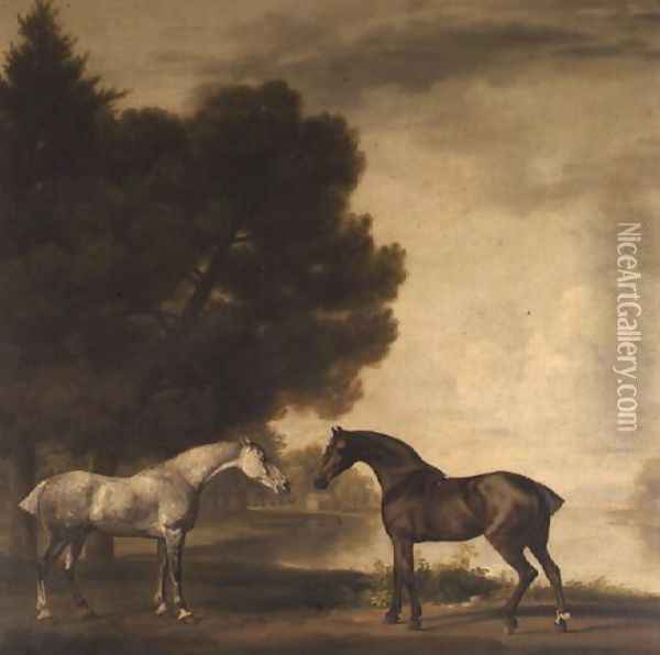 A Grey and a Bay in a Landscape Oil Painting - George Stubbs