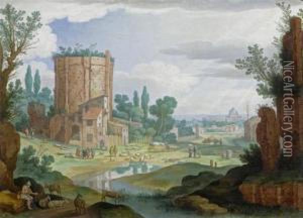 Ruins In A Mediterranean Landscape With Herdsmen And Sheep With A View Of Rome In The Background Oil Painting - Willem van, the Younger Nieulandt