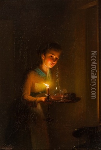 Young Woman With Candlelight Glow Oil Painting - Johannes Rosierse