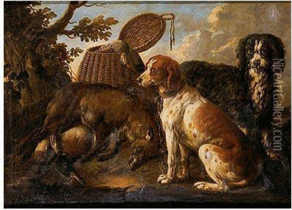 Bodegon De Caza Y Dos Perros En Unpaisaje Oil Painting - David de Coninck