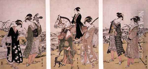 Hawking Party triptych, c.1790 Oil Painting - Utagawa Toyohiro