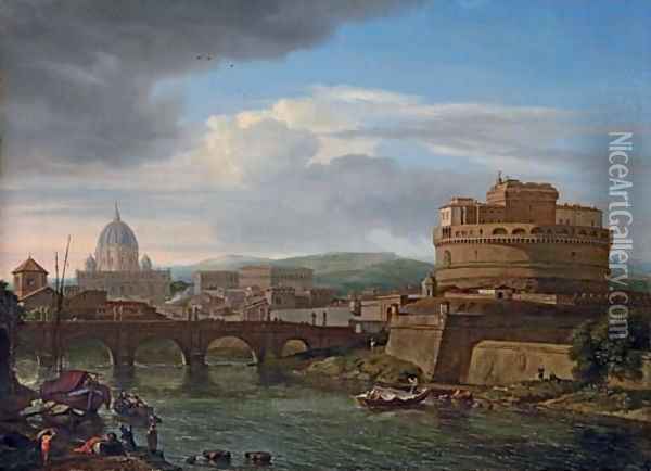 A view of the Tiber, Rome, with the Castel Sant'Angelo and St. Peter's beyond Oil Painting - Isaac de Moucheron