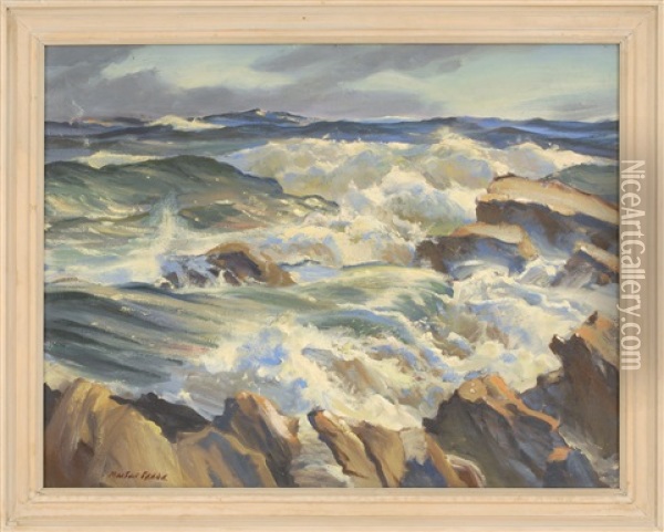 Waves Crashing On A Rocky Coast Oil Painting - Macivor Reddie