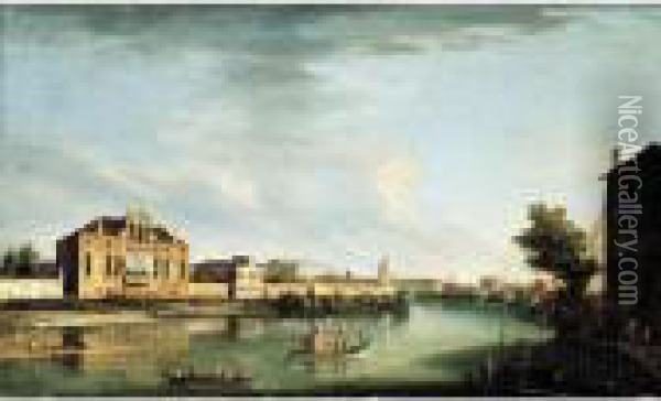 A View Of The River Brenta At 
Stra With The Villa Cappello And The Villa Pisani, Looking Out Towards 
The Gardens Oil Painting - Apollonio Domenichini