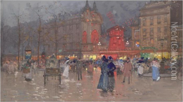 Le Moulin Rouge Oil Painting - Eugene Galien-Laloue