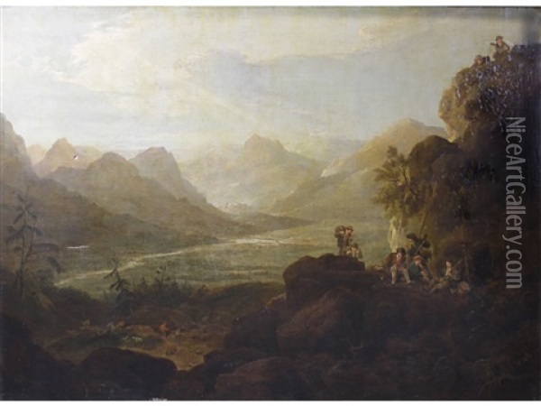 A Group Of Sportsmen With Guns In An Extensive Alpine Landscape Oil Painting - Philip James de Loutherbourg