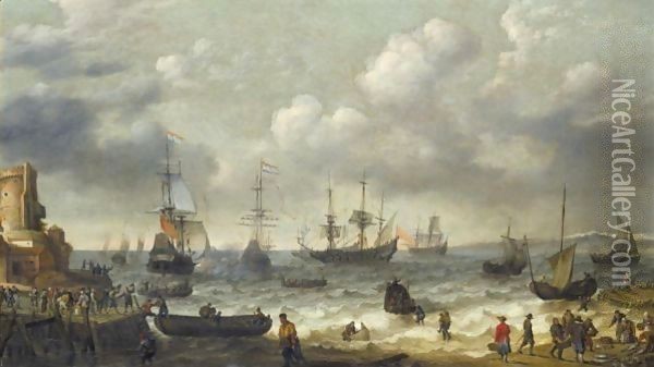 A Coastal Scene With Numerous Figures On The Shore, A Dutch Man O'War Firing Its Cannon Beyond Oil Painting - Abraham Willaerts