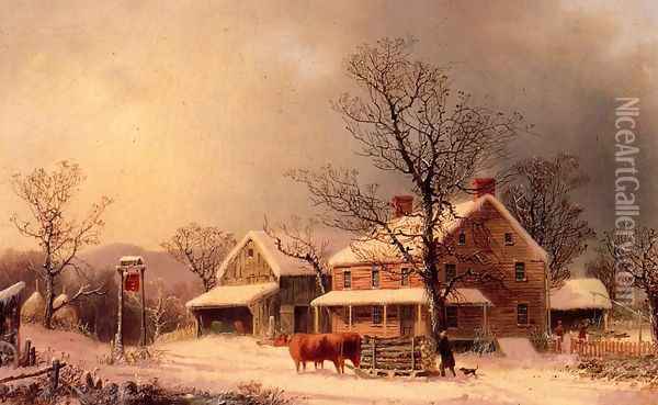 Oxen Hauling Logs on a Sled Oil Painting - George Henry Durrie