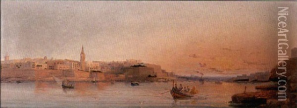 Marsamxett Harbour At Dusk, Malta Oil Painting - Luigi Maria Galea